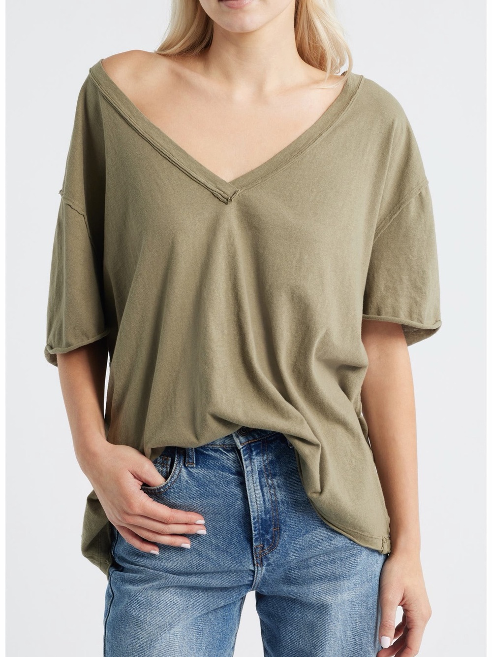 NWT Free People We The Free Nina V-Neck Tee in an olive green - Picture 2 of 4
